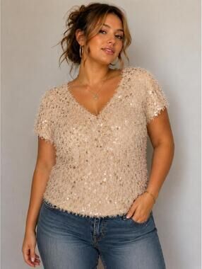 Y2K sequin eyelash knit party top champagne gold size L Holidays